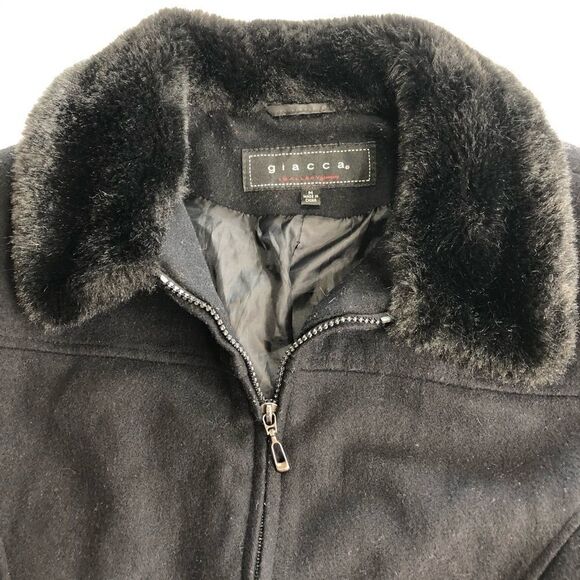GIACCA Black Wool Coat with Faux Fur Trim - Picture 13 of 15